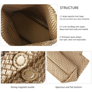 SLHFPX Handmade Woven Bag Handbag For Women Vegan Leather Tote Bag With Purses Travel Shoulder Bag Underarm Bag Beach Bag Gold, 240516-2025-07