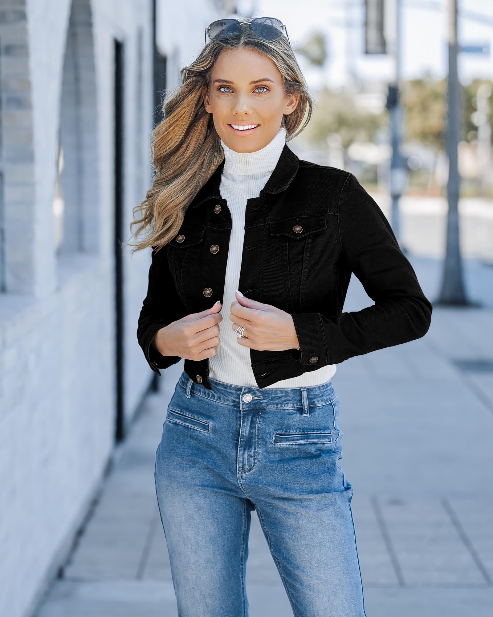 luvamia Women's Fashion Long Sleeve Denim Jean Jacket Black Cropped Denim Jacket True Black Size Medium