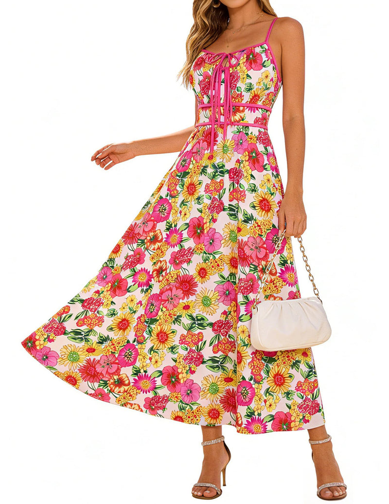 GRACE KARIN 2026 Women's Summer Maxi Floral Dress, Spaghetti Strap Tie Front Boho Sundress with Pockets, Pink Yellow M