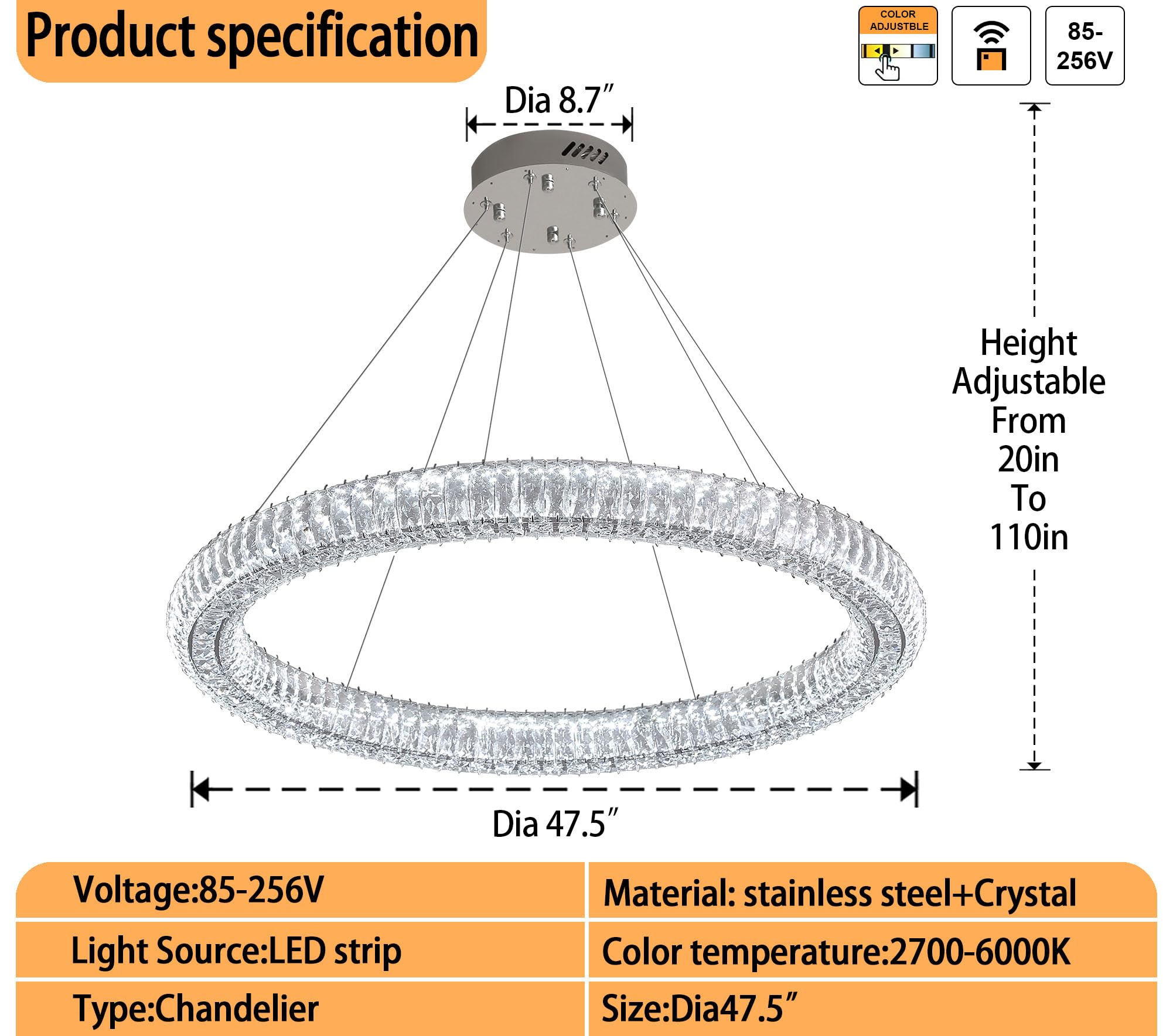 IDEQUY Modern Crystal Chandelier Dimmable LED 47.5" Ring Pendant Light Adjustable Round Chrome Crystal Chandelier Light Fixtures for Dining Room Living Room