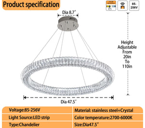 IDEQUY Modern Crystal Chandelier Dimmable LED 47.5" Ring Pendant Light Adjustable Round Chrome Crystal Chandelier Light Fixtures for Dining Room Living Room