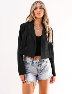 Luvamia Womens Fashion Lapel Cropped Blazer - Business Casual Open Front Black Blazer for Women's Interview Outfits - Size Medium (Fits Size 8 / 10)