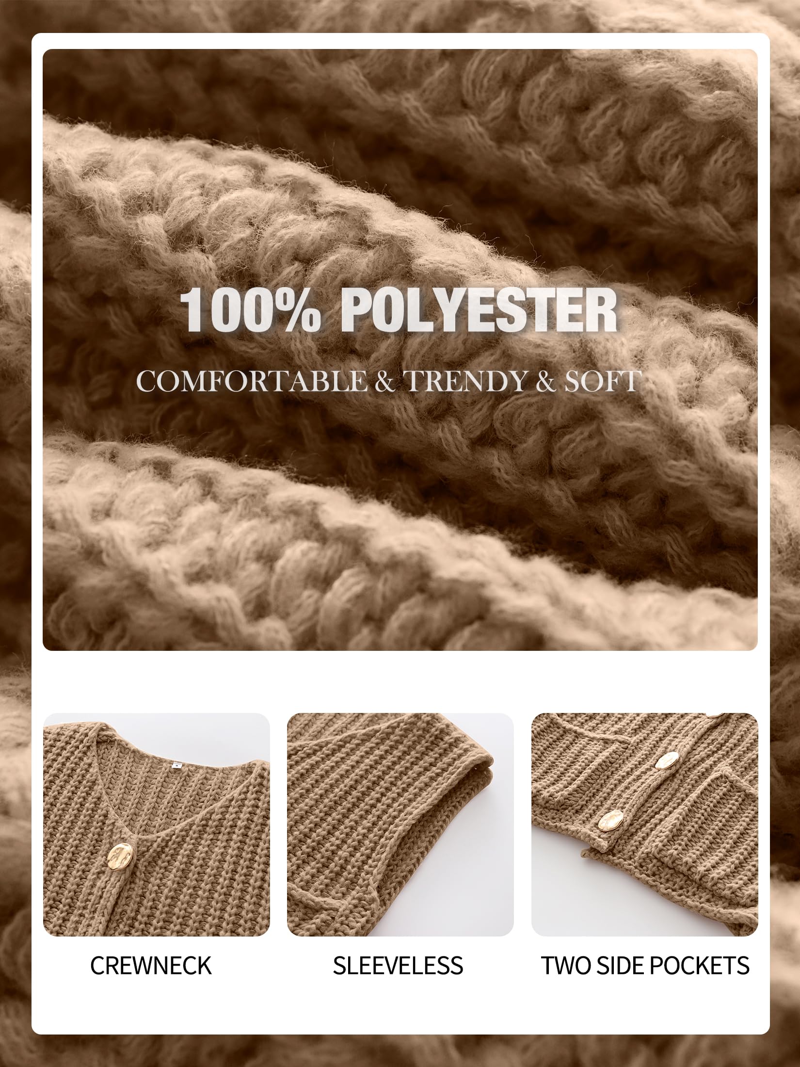 ANRABESS Women Chunky Knit Sweater Vest Button Down Casual Sleeveless Cardigan with Pockets Spring Trendy Outfits 2025 Khaki Small