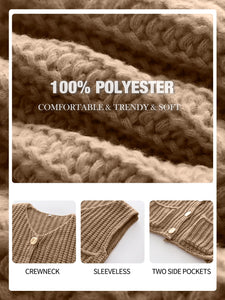 ANRABESS Women Chunky Knit Sweater Vest Button Down Casual Sleeveless Cardigan with Pockets Spring Trendy Outfits 2025 Khaki Small