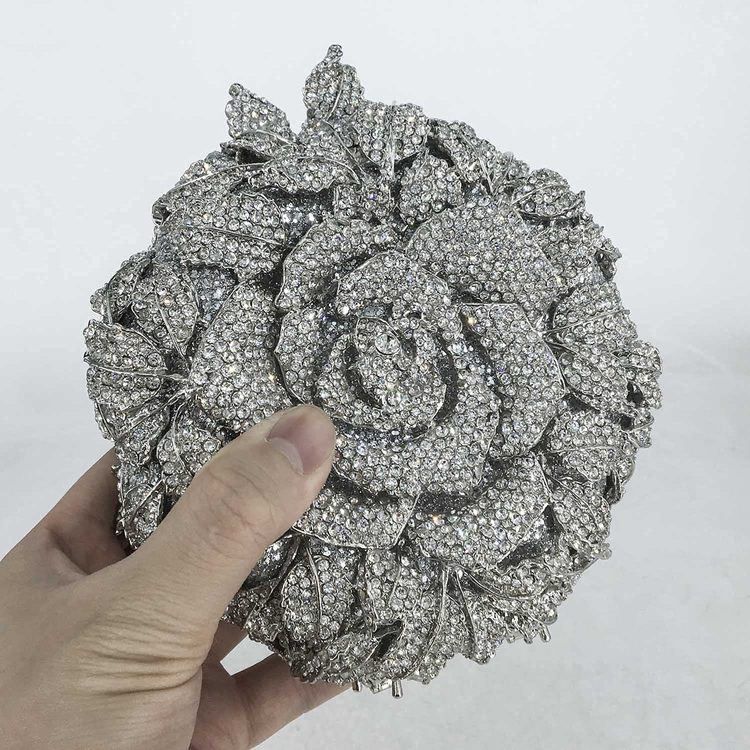 Boutique De FGG Round Rose Flower Crystal Clutch Purses for Women Formal Evening Bags Wedding Clutch Bag Party Handbags,Mini,Silver