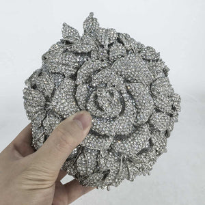 Boutique De FGG Round Rose Flower Crystal Clutch Purses for Women Formal Evening Bags Wedding Clutch Bag Party Handbags,Mini,Silver