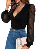 Load image into Gallery viewer, Fayenne Womens Tops Deep V Neck Cross Wrap Sexy Tops Polka Dot Mesh Long Sleeve T Shirt Casual Blouses Black
