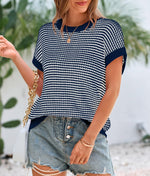 Load image into Gallery viewer, PRETTYGARDEN Womens Short Sleeve Sweater Spring Summer 2025 Round Neck Striped Pullover Cap Sleeve Knit Sweater Vest Tops(Navy,Medium)
