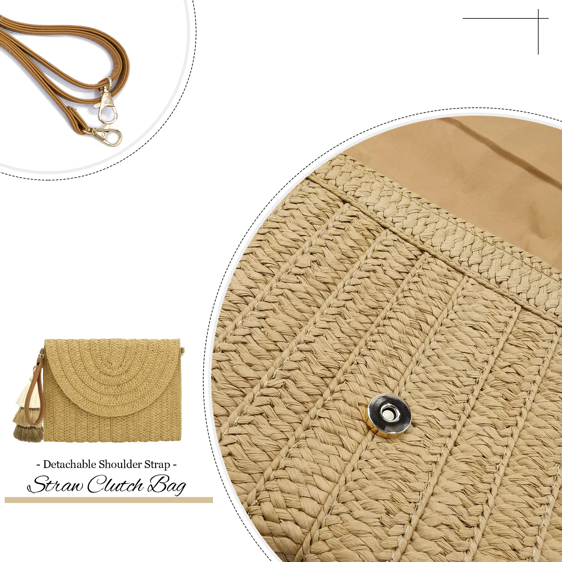 Aovtero Straw Clutch Purse Women Crossbody Bag Summer Beach Shoulder Bags Envelope Wallet Handbags (Light Brown)