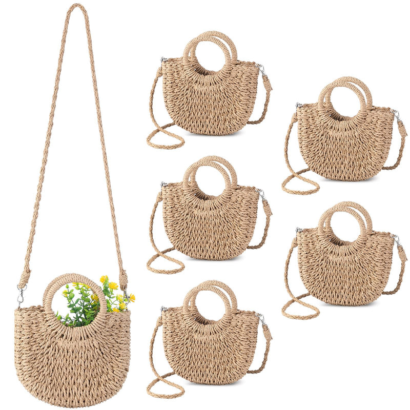 Oudain 6 Pcs Semi Circle Rattan Straw Bags Straw Purses for Women Summer Beach Tote Bags Hand Woven Cross Body Handbag