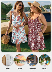 WNEEDU Women's Summer Spaghetti Strap Button Down V Neck Casual Beach Cover Up Dress with Pockets,Floral Red L
