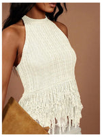 Load image into Gallery viewer, Floerns Women&#39;s Summer Fringe Trim Sweater Vest Sleeveless Knitted Going Out Halter Tops White Small
