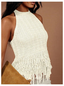 Floerns Women's Summer Fringe Trim Sweater Vest Sleeveless Knitted Going Out Halter Tops White Small
