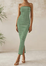 Load image into Gallery viewer, PRETTYGARDEN Women&#39;s Summer Bodycon Maxi Tube Dress Ribbed Strapless Side Slit Long Going Out Casual Elegant Party Dresses (Wide Striped Green White,Small)
