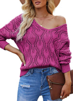 Load image into Gallery viewer, Dokotoo Women's Sweaters Long Sleeve V Neck Crochet Hollow Out Loose Fit Cute Pullover Knit Sweaters for Women 2025 Fall Trendy Casual Off The Shoulder Tops Rose Red

