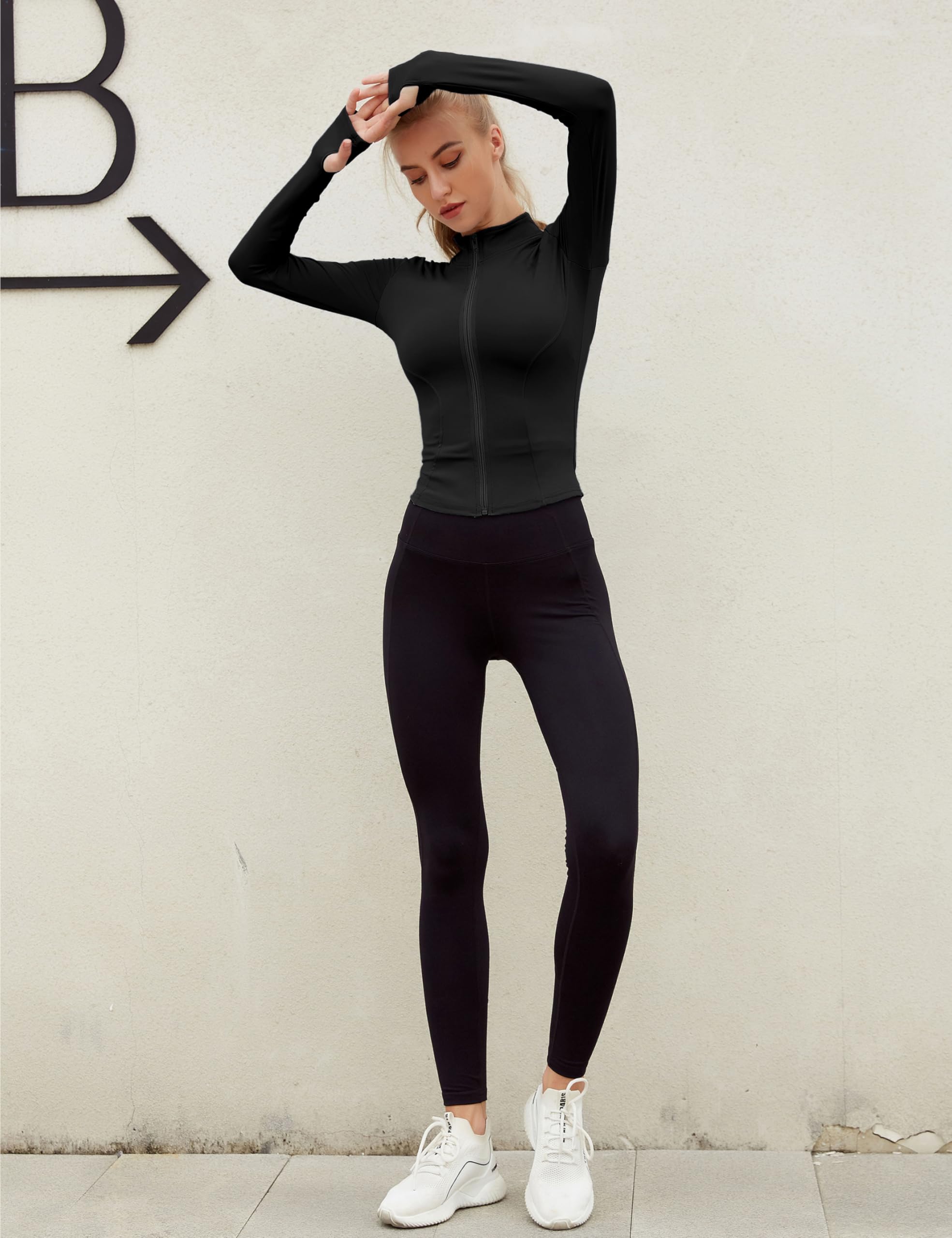 Lviefent Womens Lightweight Full Zip Running Track Jacket Workout Slim Fit Yoga Sportwear with Thumb Holes (Black, Medium)