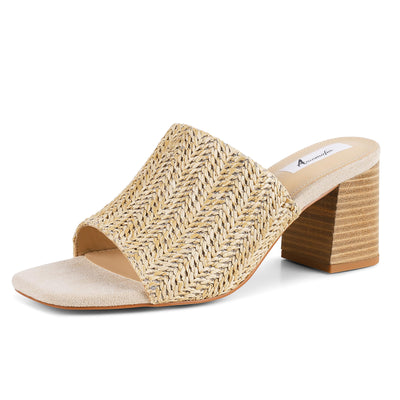 Ancomafio Women's Raffia Heeled Sandals - Square Open Toe, Backless Mules, Slip On Block Heels - Nude, Size 7