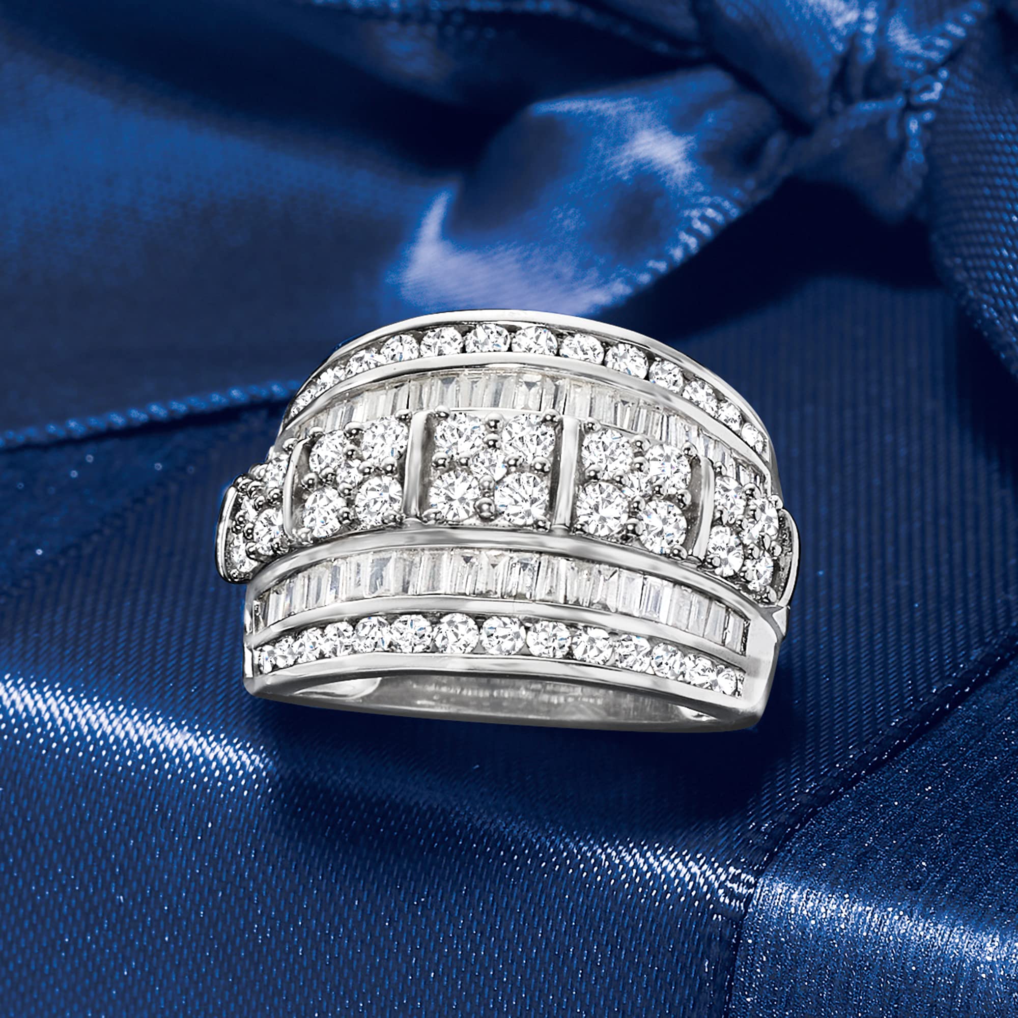 Ross-Simons 2.00 ct. t.w. Baguette and Round Diamond Multi-Row Ring in Sterling Silver. Size 5