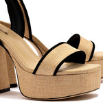 Load image into Gallery viewer, Larroudé, Dolly Sandal In Beige Raffia And Black Trimming, 7, Beige
