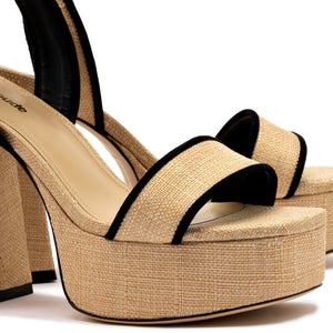 Larroudé, Dolly Sandal In Beige Raffia And Black Trimming, 7, Beige