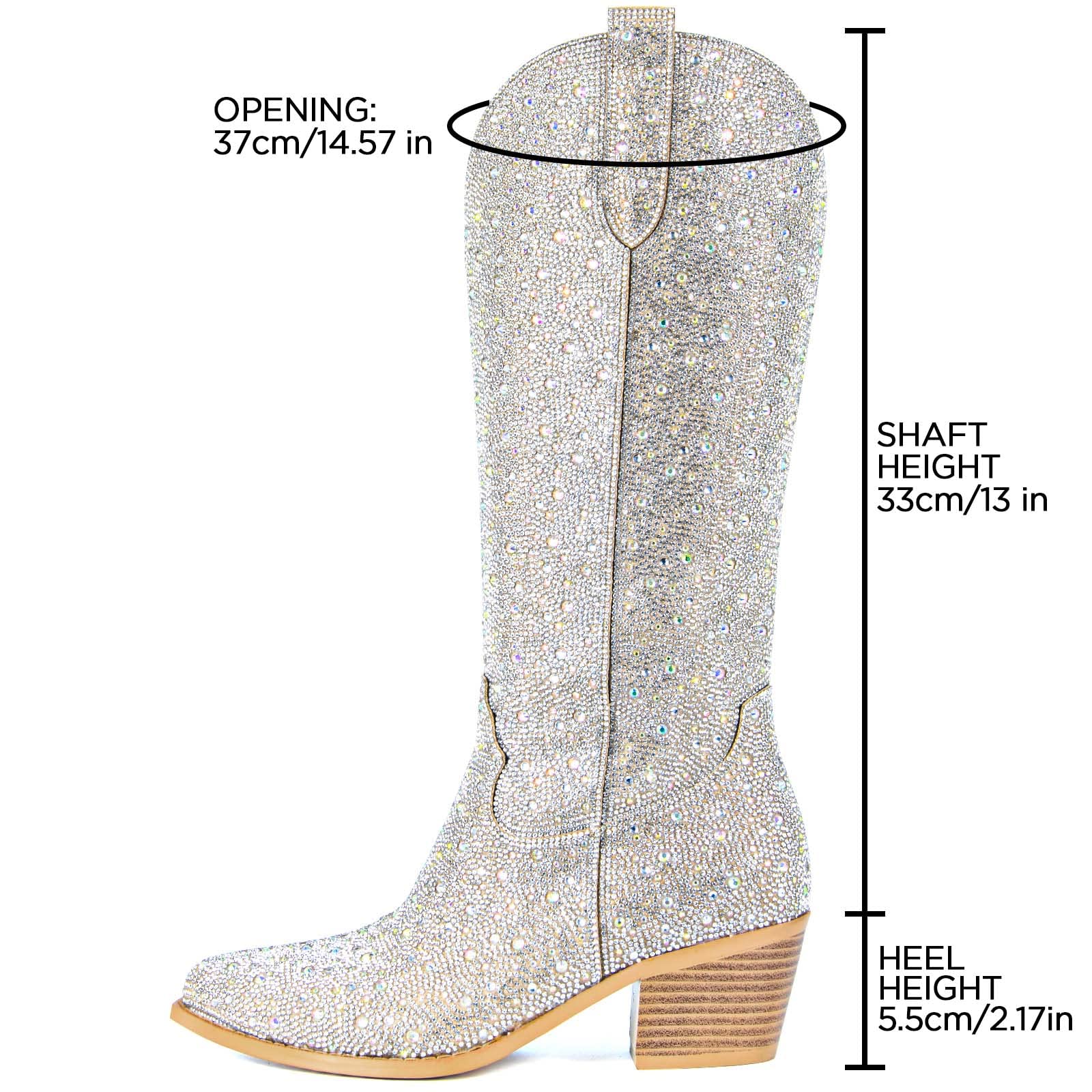 SOVANYOU Rhinestone Boots Cowboy Sparkly Boots for Women Silver Bling Boots Glitter Western Cowgirl Tall Boots Pointed Toe Crystal Knee High Boots