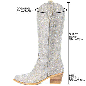SOVANYOU Rhinestone Boots Cowboy Sparkly Boots for Women Silver Bling Boots Glitter Western Cowgirl Tall Boots Pointed Toe Crystal Knee High Boots