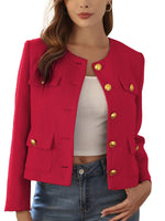 Load image into Gallery viewer, M.Infisavo 2025 Women Tweed Jacket Cropped Blazers Fall Winter Elegant Round Neck Pockets Business Casual Outfit, Red, Medium
