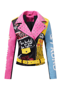 RISISSIDA Studded Leather Jacket Women Moto Motorcycle Faux Leather Coat Black-pink 0375 M