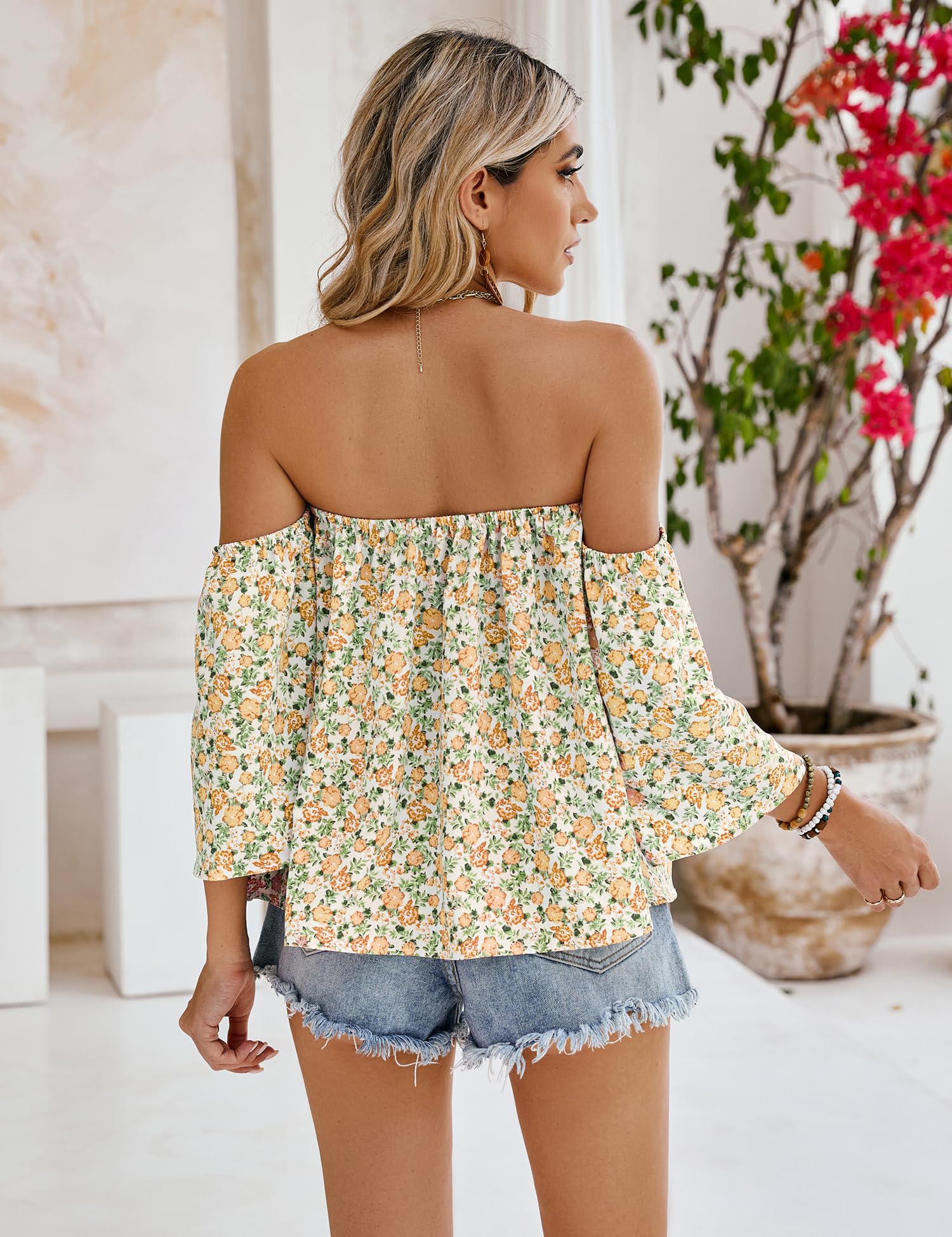 Bluetime Women Summer Off Shoulder Chiffon Blouse Ruffles Short Sleeves Tops Casual T Shirt (S, White Yellow)