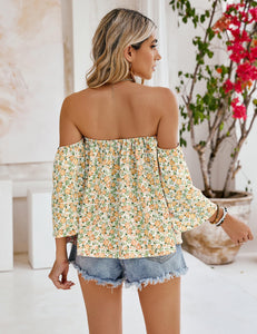 Bluetime Women Summer Off Shoulder Chiffon Blouse Ruffles Short Sleeves Tops Casual T Shirt (S, White Yellow)