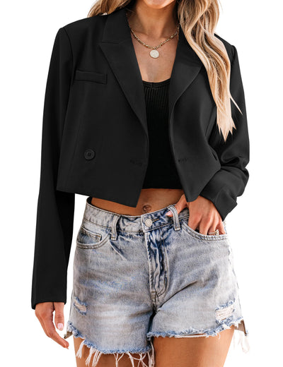 Luvamia Womens Fashion Lapel Cropped Blazer - Business Casual Open Front Black Blazer for Women's Interview Outfits - Size Medium (Fits Size 8 / 10)