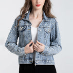 Load image into Gallery viewer, LifeShe Women's Pearls Denim Jacket Cropped Rhinestones Jean Jacket Coat
