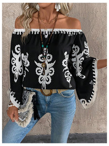 GORGLITTER Women's Off The Shoulder Bell Long Sleeve Top Allover Print Blouse Shirts Black Large