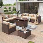 Load image into Gallery viewer, Aoxun 8 Piece Patio Furniture Set with 44” Fire Pit Table Wicker Rattan Outdoor Sectional Sofa Set with Coffee Table and Thickened Cushions, Beige (Waterproof Cover Included)
