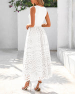 Load image into Gallery viewer, dowerme Women Summer Dresses 2026 Casual Sleeveless Crewneck A-Line Boho Lace Eyelet Cotton Tank Maxi Dress with Pockets(White,Medium)
