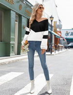 Load image into Gallery viewer, Zeagoo Women's 2025 Fall V-Neck Cropped Sweater Trendy Long Latern Sleeve Ribbed Knit Pullover Crop Tops Black White
