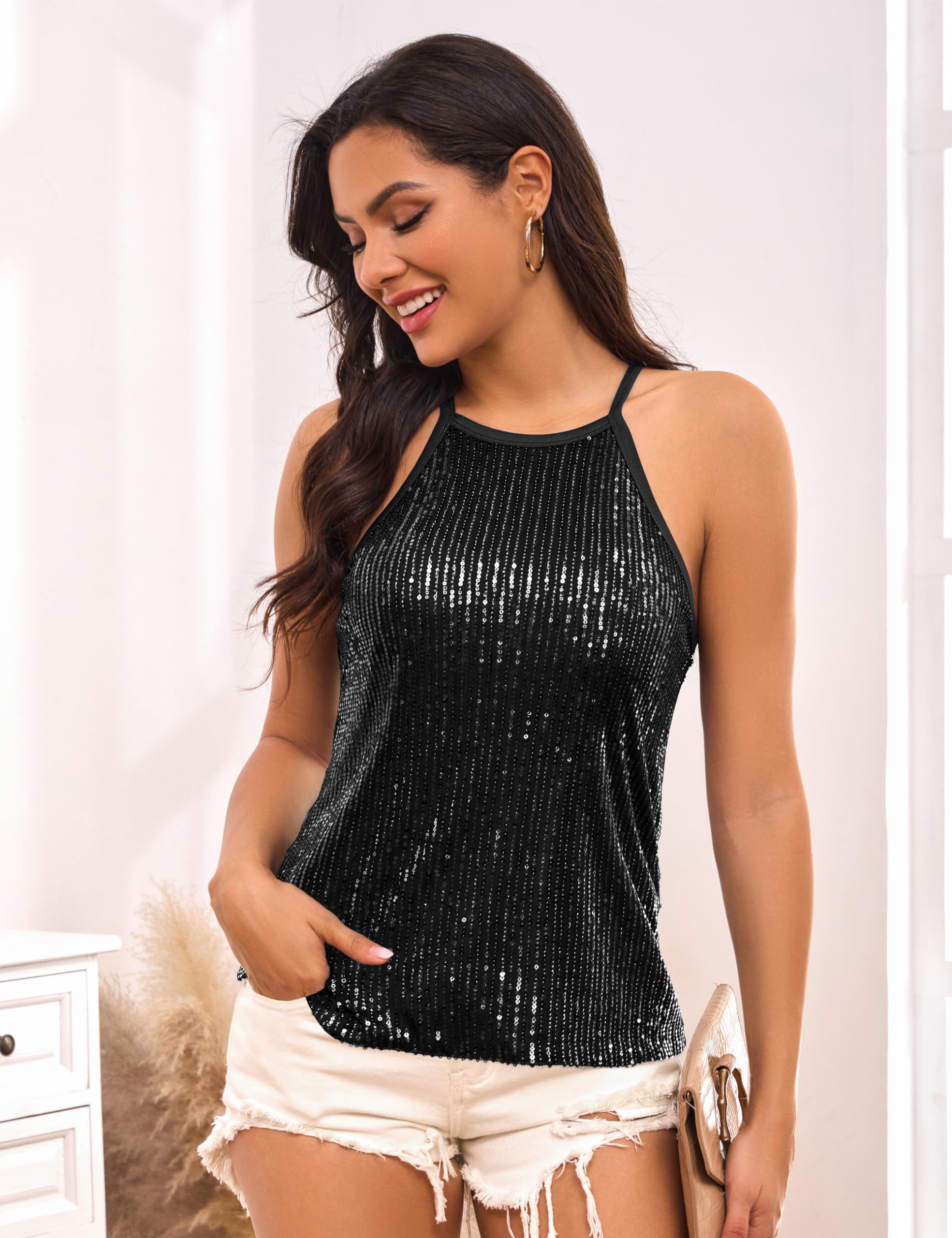 Traleubie Womens Tank Tops Sleeveless Camisole Halter Neck Sparkly Black Sequin Tops for Women, Large