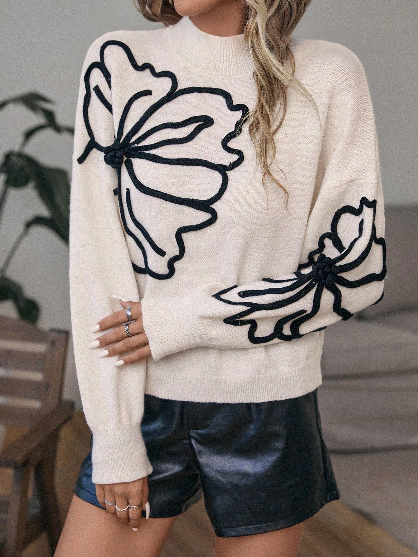 Verdusa Women's Floral Mock Neck Long Sleeve Sweaters Dressy Casual Cute Pullover Knit Sweater Tops Beige Medium