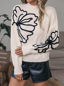 Verdusa Women's Floral Mock Neck Long Sleeve Sweaters Dressy Casual Cute Pullover Knit Sweater Tops Beige Medium
