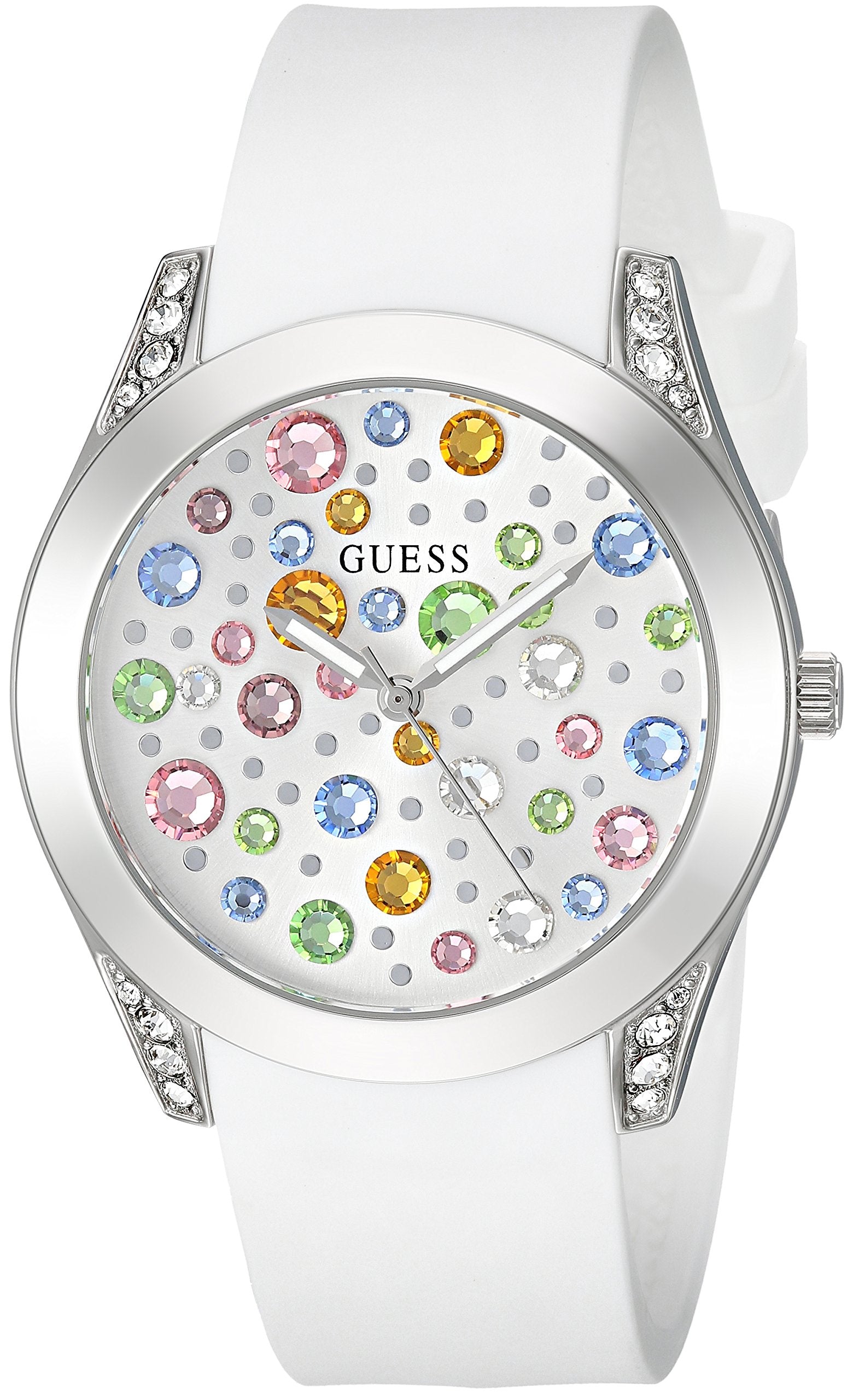 GUESS Silver-Tone + White Stain Resistant Silicone Multi-Colored Crystal Watch. Color: White (Model: U1059L1)