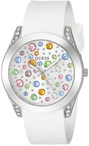 GUESS Silver-Tone + White Stain Resistant Silicone Multi-Colored Crystal Watch. Color: White (Model: U1059L1)