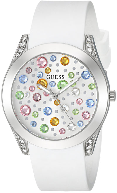 GUESS Silver-Tone + White Stain Resistant Silicone Multi-Colored Crystal Watch. Color: White (Model: U1059L1)