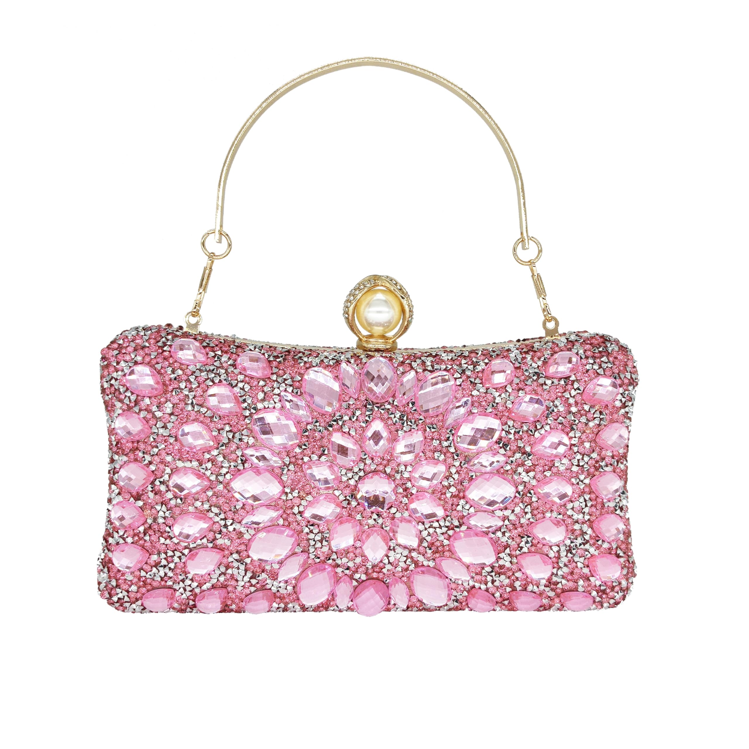 MAIRLOM Rhinestone Clutch Purses for Women Evening Wedding Formal - Pearl Clasp Handbag Crystal Gemstone Bag for Party Prom(Pink)