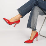 Load image into Gallery viewer, SAMMITOP Women Red Heels Patent Leather 3.5 Inch High Heel Stilettos Pointed Closed Toe Beaded Pumps Shoes Wedding Work Dressy US Size 8.5
