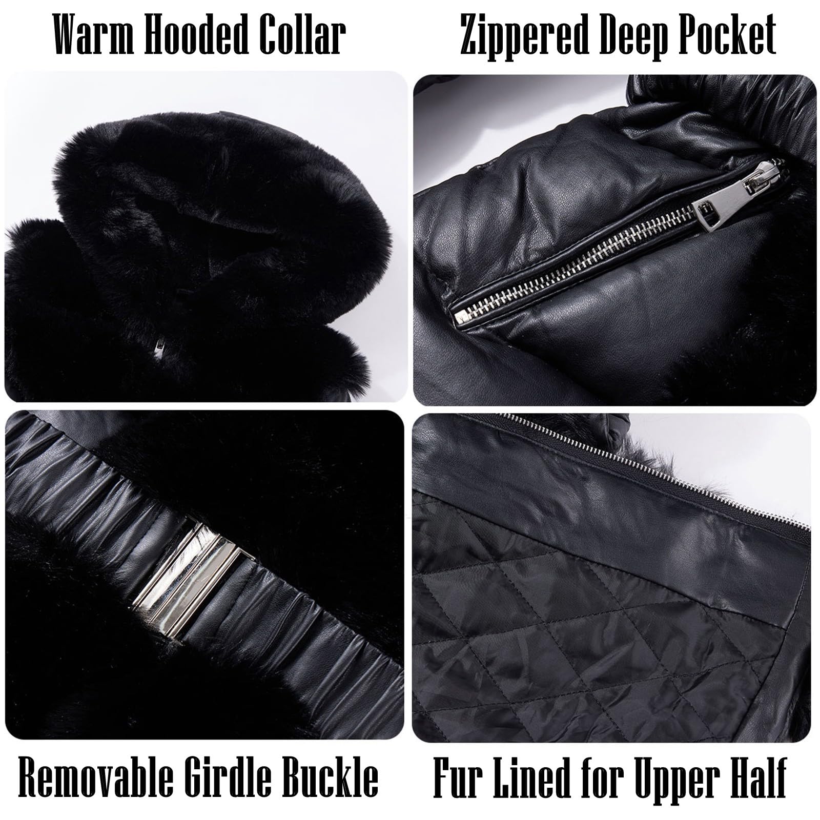 RISISSIDA Puffer Jacket Women Winter Down Faux Fur Lined Puffy Coat with Long Collar Hood, Thicken Quilted Warm Leather Bubble Overcoat Black M