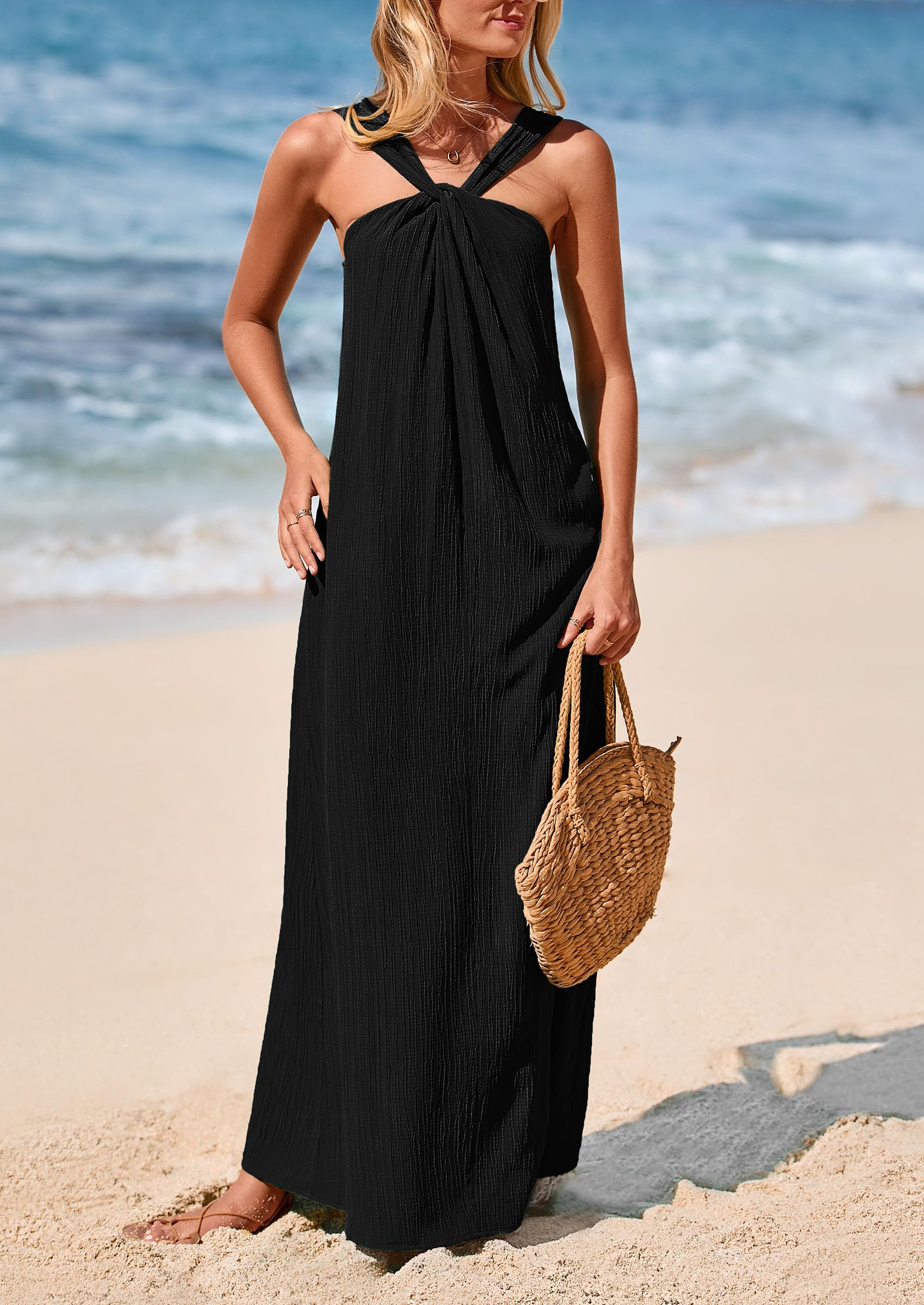 PRETTYGARDEN Womens 2025 Casual Long Summer Dresses Sleeveless Strappy Loose Flowy Beach Vacation Maxi Dress with Pockets (Black,Medium)
