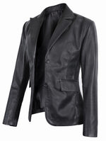 Load image into Gallery viewer, UGFashions Women Casual Lambskin Leather Blazer Jacket Women Classic 2-Button Long Sleeves Suit Style Leather Car Coat Black, XX-Large
