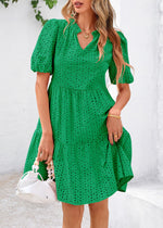Load image into Gallery viewer, KIRUNDO Eyelet Summer Dresses for Women Mini Casual Hollow Out Short Sleeve Lace Tiered V Neck Shift Dress with Pockets(Green, Medium)
