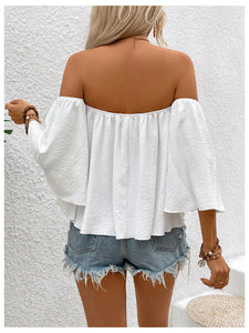SweatyRocks Women's Sexy Cute Off Shoulder Ruffle Hem Flowy Chiffon Blouses Top White Small