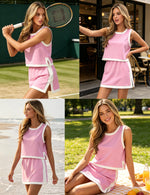 Load image into Gallery viewer, RIATOUR Womens 2 Piece Skirt Set Summer Color Block Sleeveless Crop Top Elastic Waist Skirt Lounge Set Outfits (Pink-XL)
